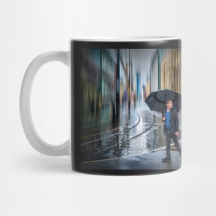 Man with Umbrella in Rainy City Mug